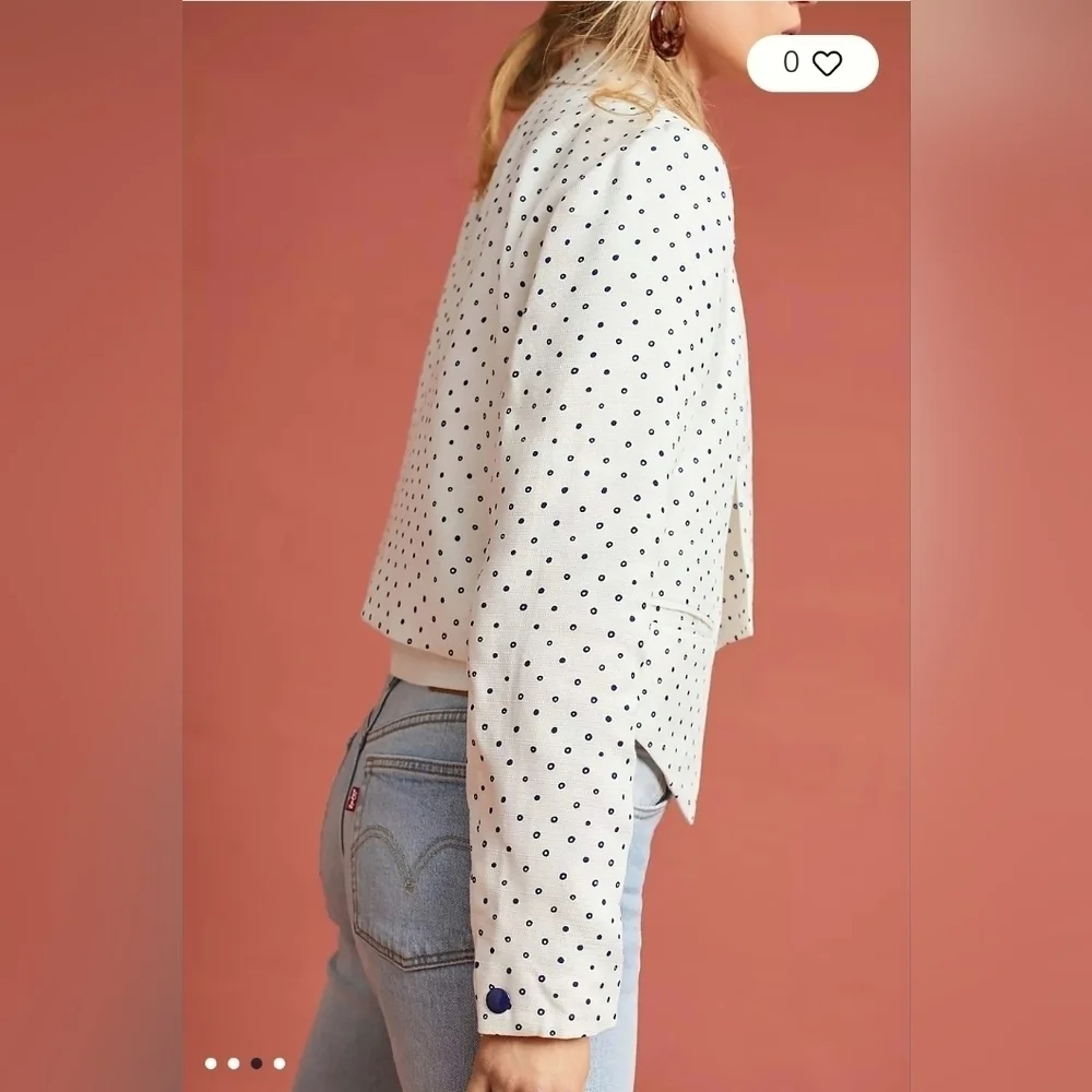 Anthropologie Cartonnier Polka Dot Blazer Size Small White Blue Bolero Jacket